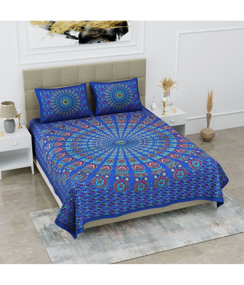     			Uniqchoice Cotton Floral Double Bedsheet with 2 Pillow Covers - Blue