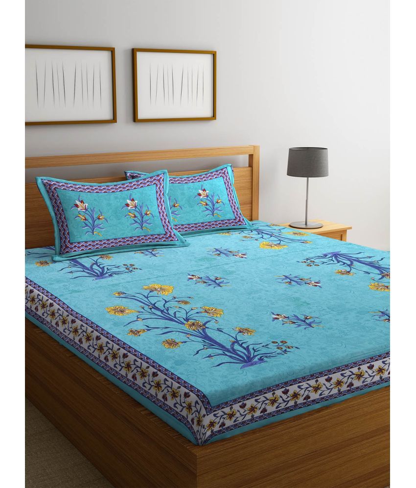     			Uniqchoice Cotton Floral Double Bedsheet with 2 Pillow Covers - Turquoise