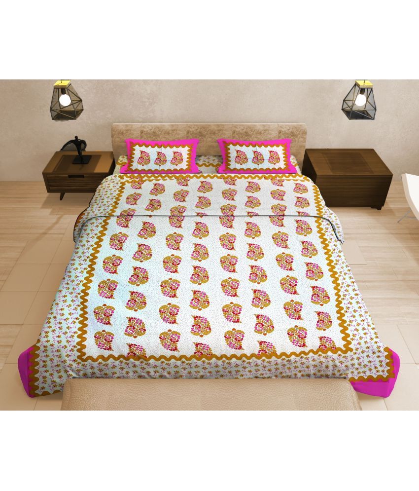     			Uniqchoice Cotton Floral Double Bedsheet with 2 Pillow Covers - Pink