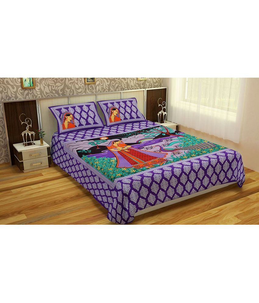     			Uniqchoice Cotton Floral Double Bedsheet with 2 Pillow Covers - Purple