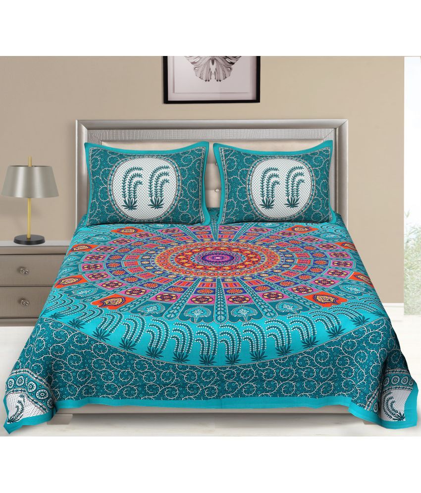     			Uniqchoice Cotton Floral Double Bedsheet with 2 Pillow Covers - Turquoise