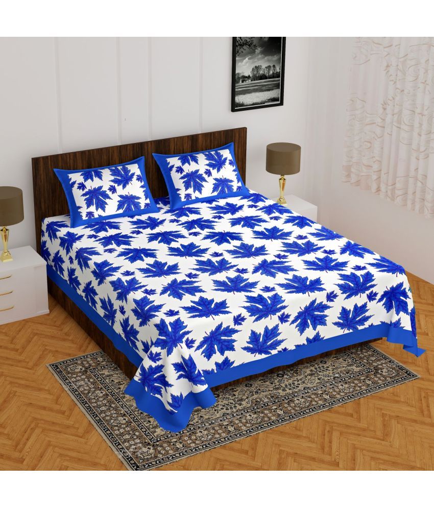     			Uniqchoice Cotton Floral Double Bedsheet with 2 Pillow Covers - Dark Blue