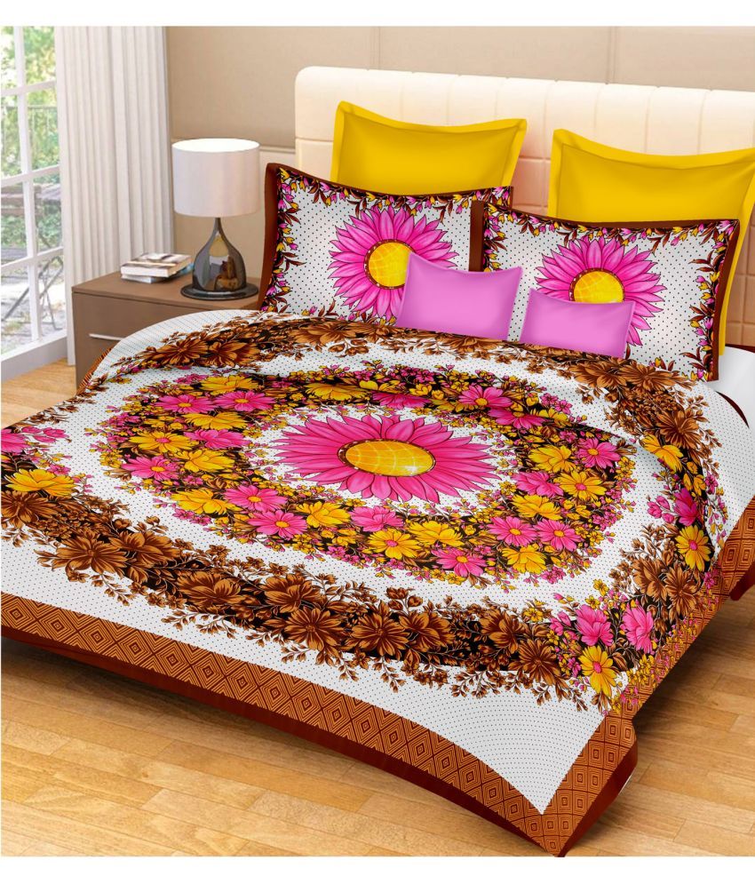     			Uniqchoice Cotton Floral Double Bedsheet with 2 Pillow Covers - Brown