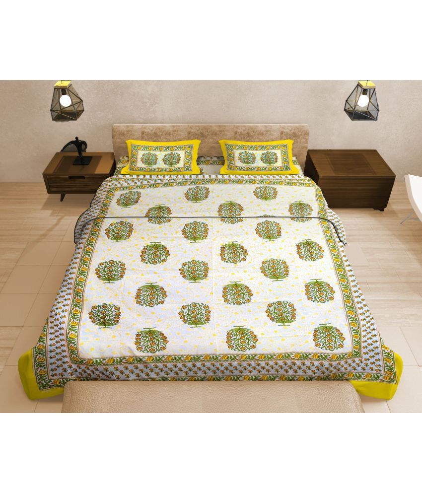     			Uniqchoice Cotton Floral Double Bedsheet with 2 Pillow Covers - Yellow