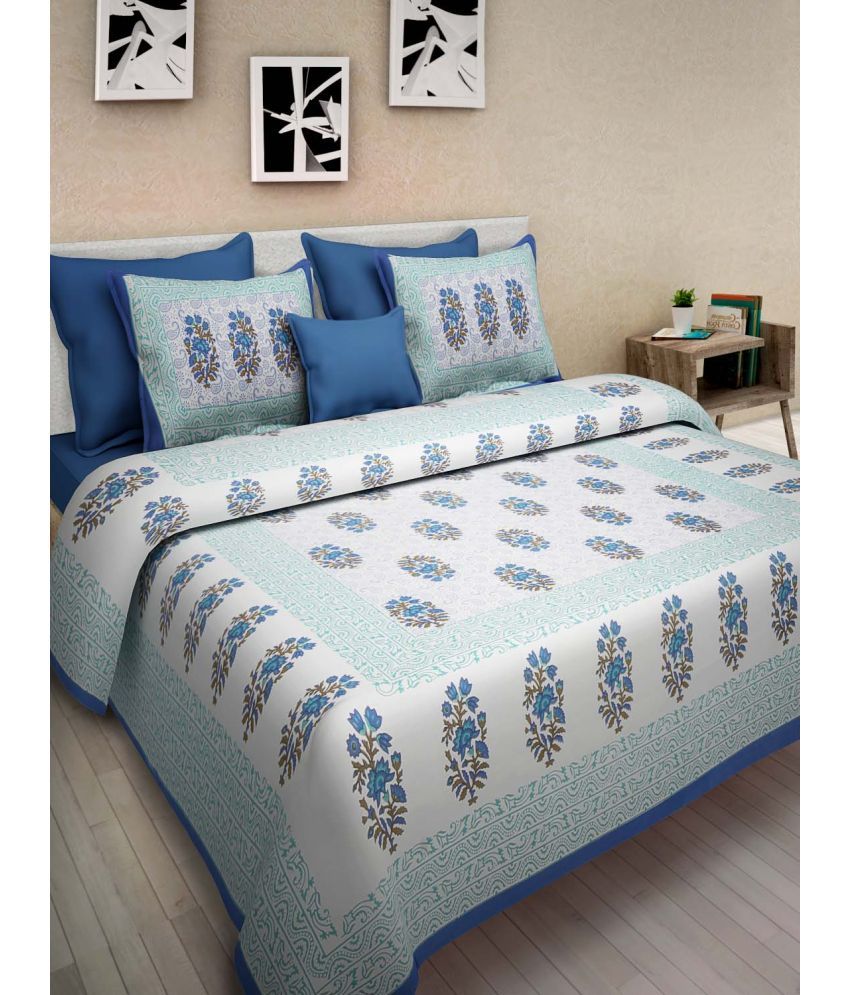     			Uniqchoice Cotton Floral Double Bedsheet with 2 Pillow Covers - Blue