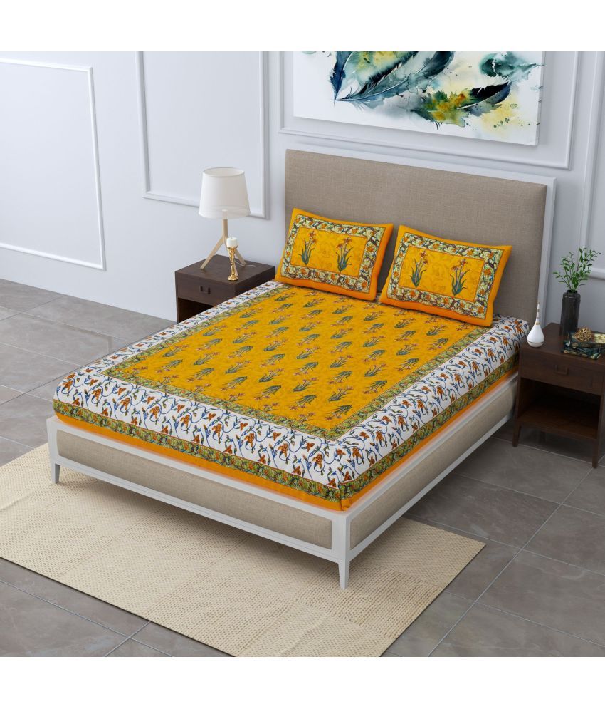     			Uniqchoice Cotton Floral Double Bedsheet with 2 Pillow Covers - Orange