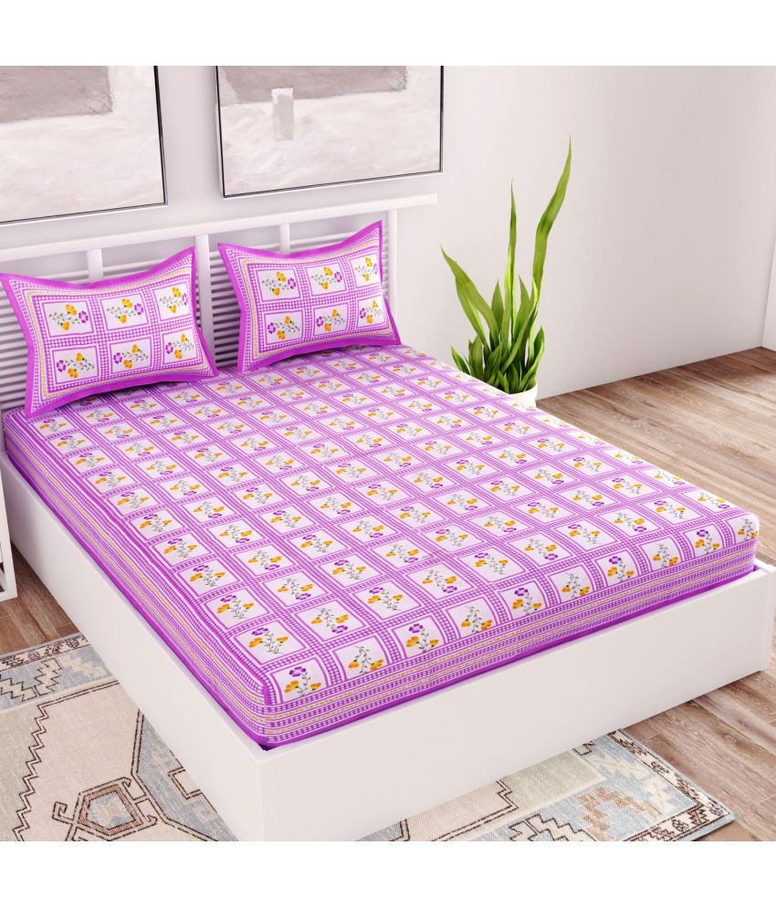     			Uniqchoice Cotton Floral Double Bedsheet with 2 Pillow Covers - Purple