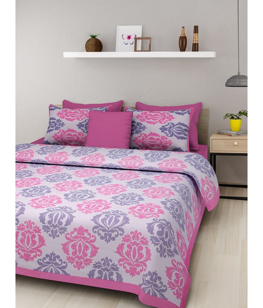     			Uniqchoice Cotton Floral Double Bedsheet with 2 Pillow Covers - Pink