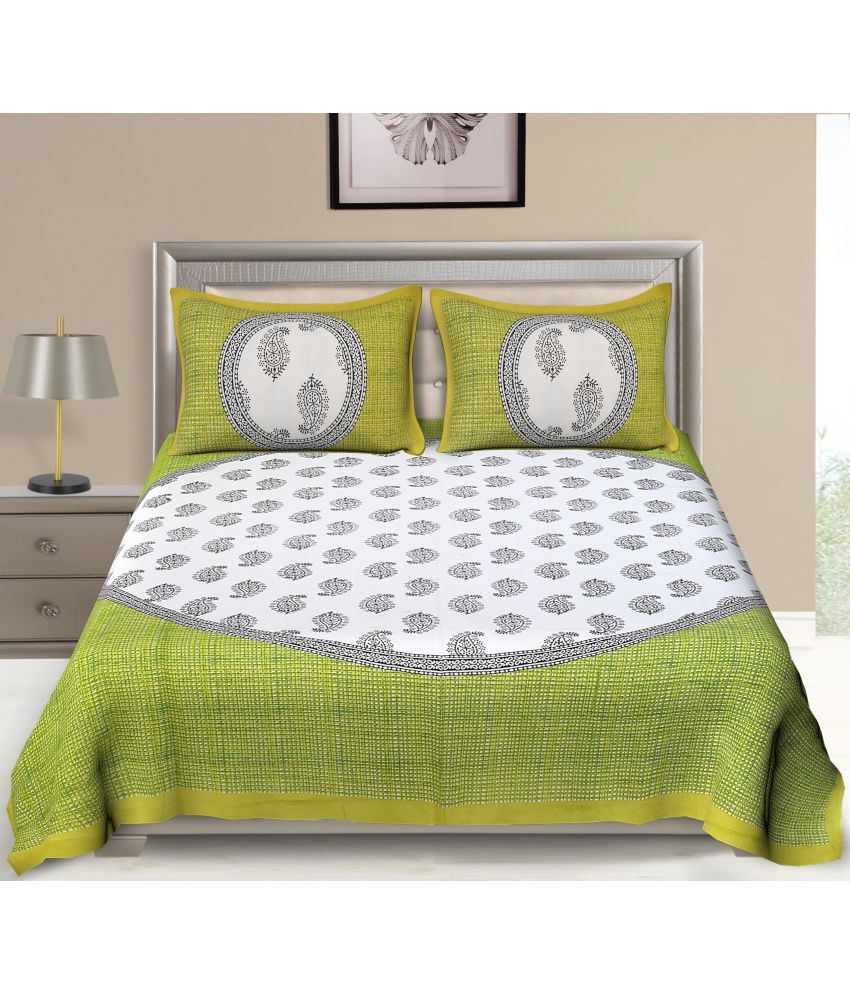     			Uniqchoice Cotton Floral Double Bedsheet with 2 Pillow Covers - Green