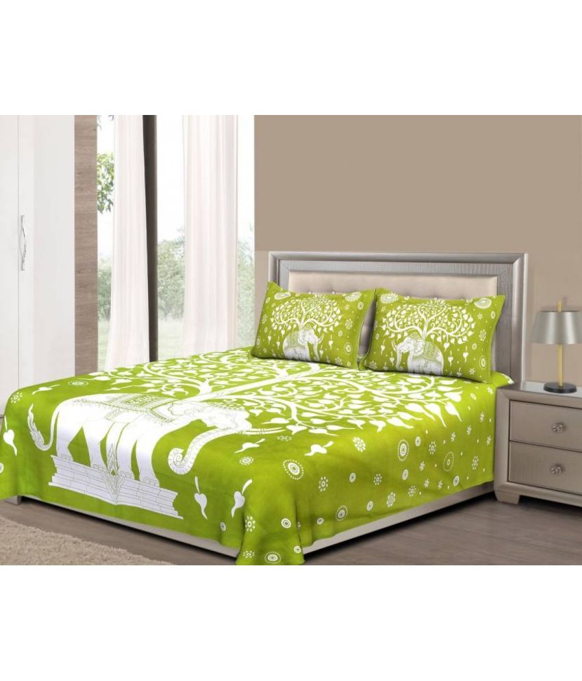     			Uniqchoice Cotton Floral Double Bedsheet with 2 Pillow Covers - Green