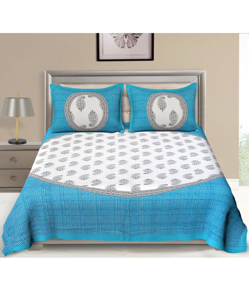     			Uniqchoice Cotton Floral Double Bedsheet with 2 Pillow Covers - Turquoise