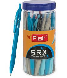 Flair Srx 0.7mm Retractable Ball Pen Jar | Triangular Body Design For Better Grip | Light Weight Refillable | Smooth Writing Experience | Vibrant Solid Body Colours | Blue Ink, Pack of 25 Pens