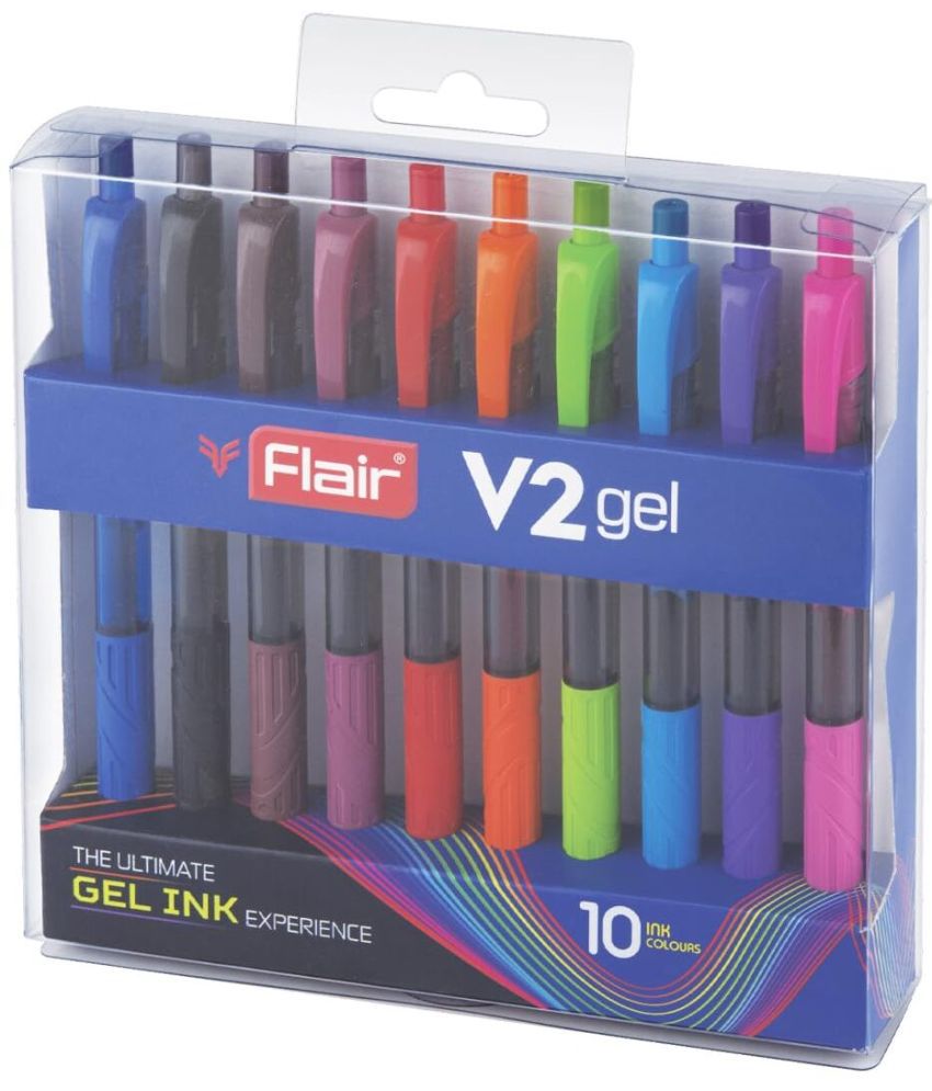     			FLAIR V2 Retractable 0.7mm Gel Pen Box Pack | Water Proof, Smudge Free & Refillable Ink For Smooth Writing Experience | Comfortable Grip For Easy Handling | Set of 10 Different Ink Colors