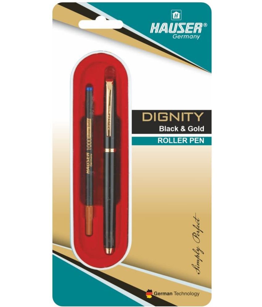     			Hauser Dignity Black & Gold Roller Ball Pen Blister Pack | Stylish Black Body With Golden Clip | Twist Mechanism For Smudge Free Writing | Durable, Refillable Pen | Blue Ink, Pack Of 1