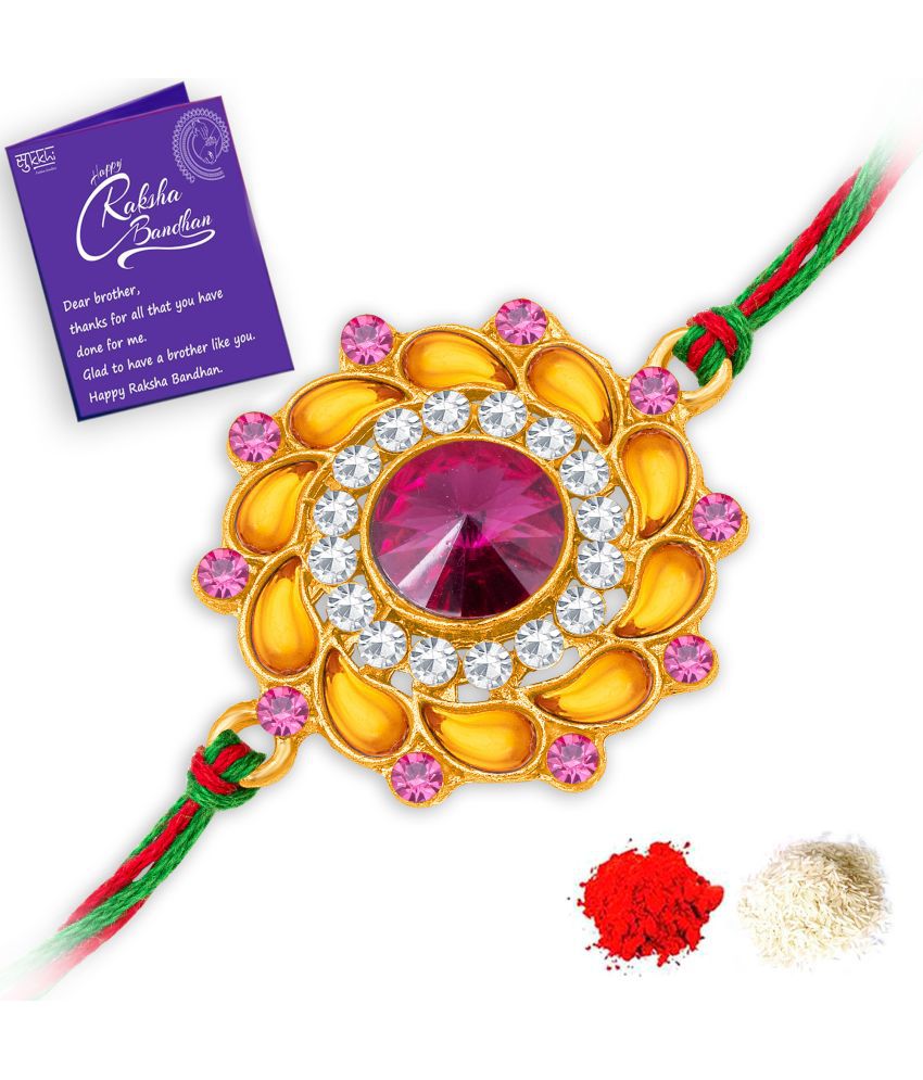     			Sukkhi Rakhi Trendy Gold Plated Floral Rakhi with Roli Chawal and Raksha Bandhan Greeting Card For Men