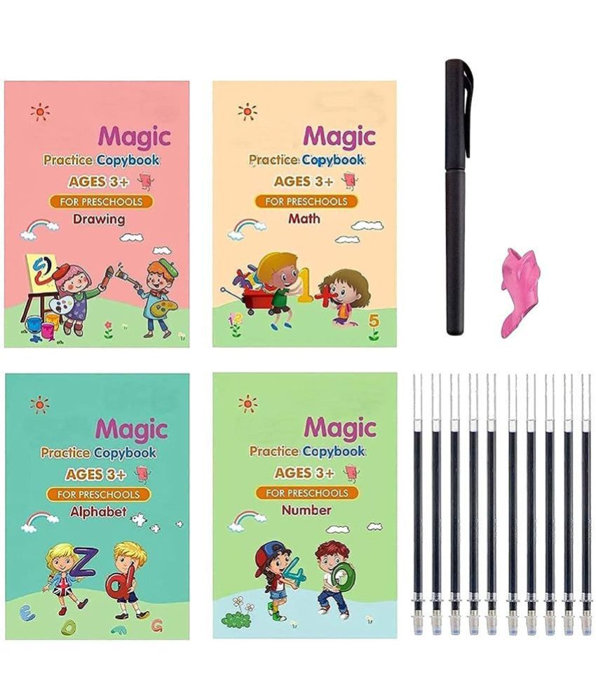     			VBE  Magic Practice Copybook, Number Tracing Book for Preschoolers with Pen, Magic Calligraphy Copybook Set Practical Reusable Writing Tool Simple Hand Lettering (4 Books + 10 Refill)