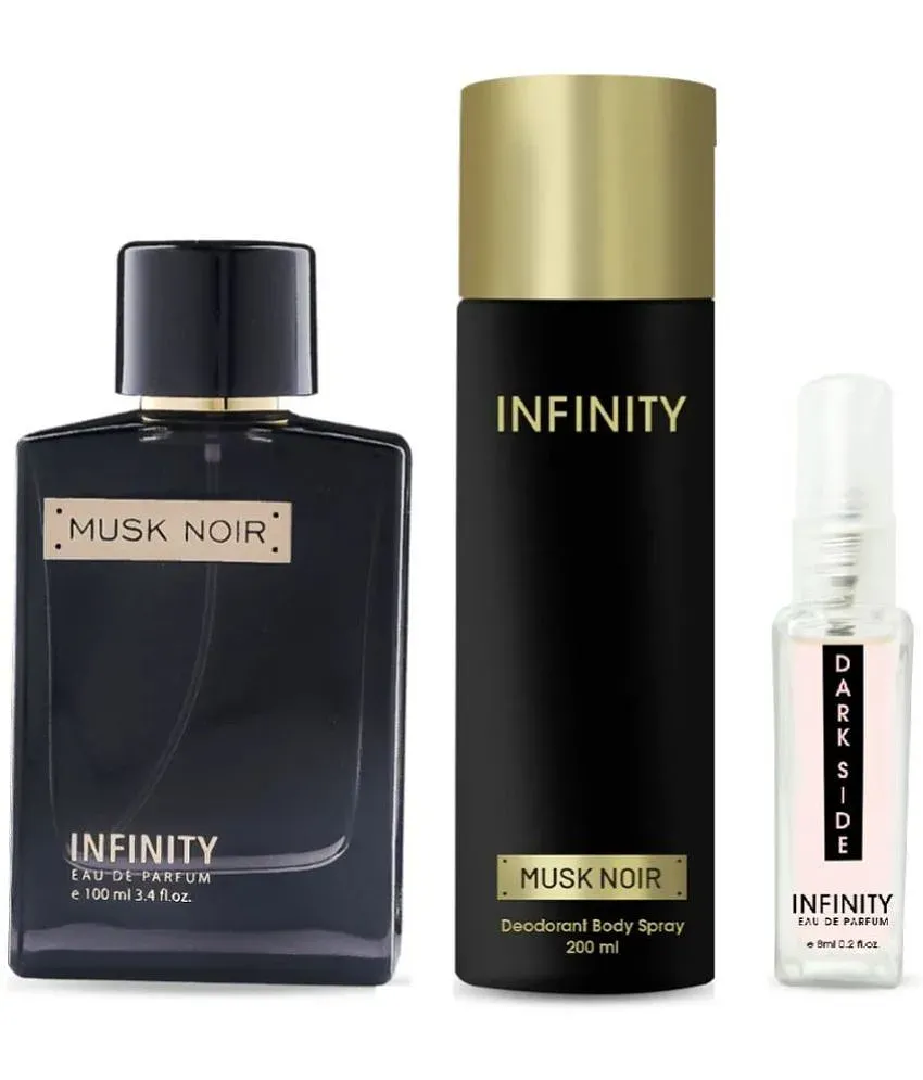 Infinity Musk Noir 100ml Eau De Parfum 200ml Deodorant With Dark Side 8ml Perfume Long Lasting Unisex EDP Premium Gift Set Pack of 3