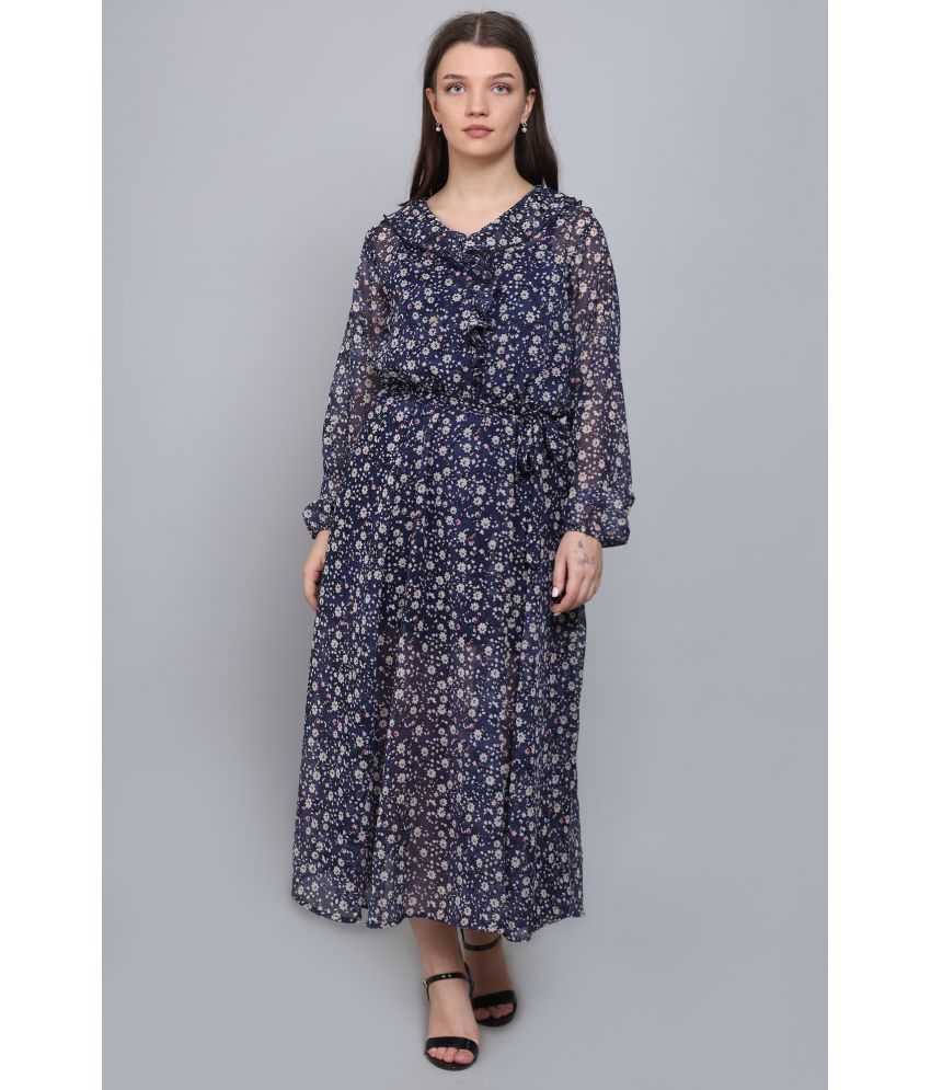     			Baawri - Navy Blue Georgette Women's Fit & Flare Dress ( Pack of 1 )