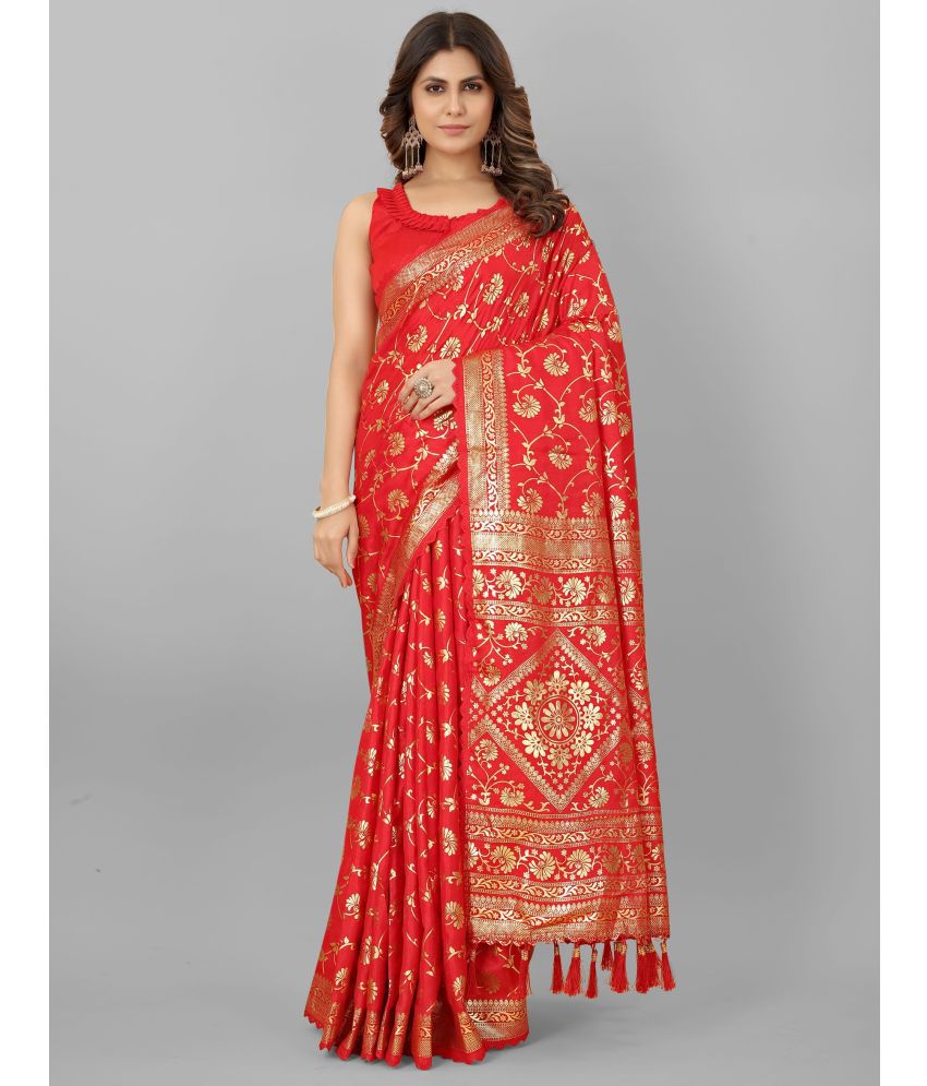    			Grubstaker - Red Banarasi Silk Saree With Blouse Piece ( Pack of 1 )