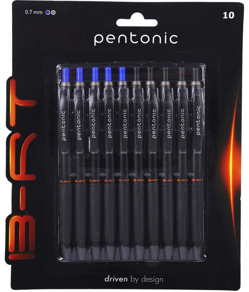     			Pentonic B-RT Ball Pen Blister Pack | Tip Size 0.7 mm | Retractable Mechanism With Black Matte Finish Body | Smart Grip For Fast Writing Experience | Blue & Black Ink, Pack Of 10