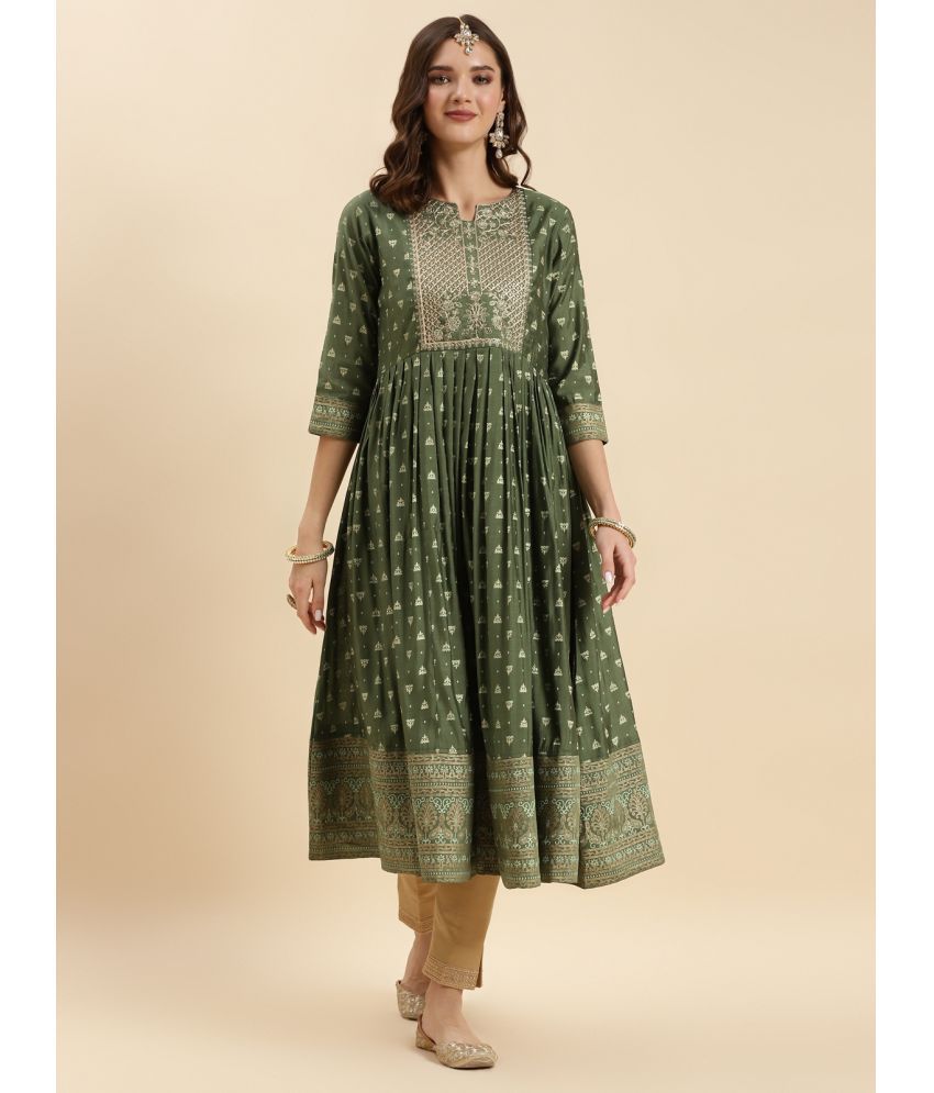     			Rangita Women Green Silk Embroidered Calf Length Anarkali Kurti
