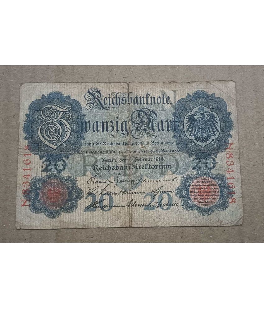     			SUPER ANTIQUES GALLERY - GERMANY 20 MARK NOTE 1914 USED  RARE 1 Paper currency & Bank notes