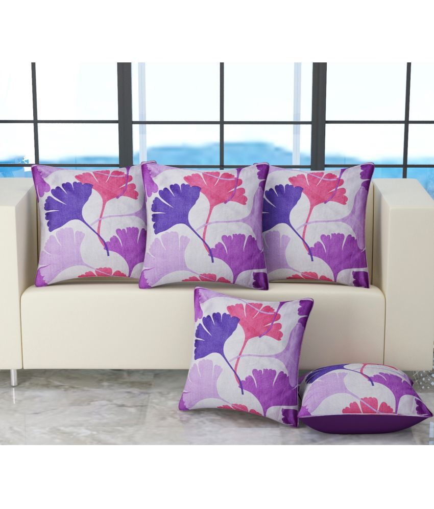     			Bigger Fish Set of 5 Cotton Floral Printed Square Cushion Cover (40X40)cm - Purple