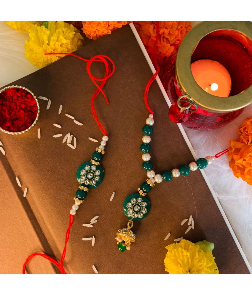     			I Jewels Designer Bhaiya Bhabhi Hanging Lumba Rakhi Combo Set with Roli Chawal for Rakshabhandan Special (R019-CO)