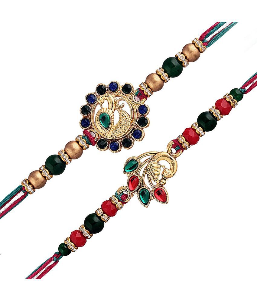     			I Jewels Gold Plated Ethnic Peacock Design Beads Kundan Rakhi Bracelet with Roli Chawal for Brother (R046-47) (Pack of 2 Pcs)