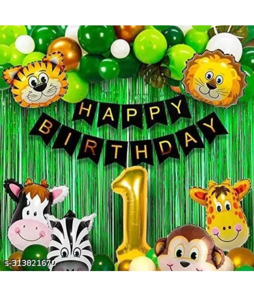     			KR 1st Happy Birthday Balloons Decoration Set - (53 Pcs) Birthday 13 Letter Foil + 2 Pcs Fringe Foil Curtain + 6 Pcs Set of Jungle Theme & Balloon Arch with 30 Pcs HD. balloon , 1 no. Gold foil
