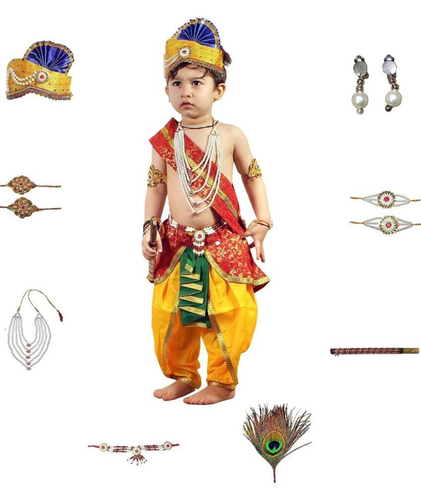     			Kaku Fancy Dresses Krishna Costume for Kids Infant Baby Krishna Dress for Boys (Set of 11 - Red Dhoti, Patka(Stole), Belt, Fabric Mukut, Layer Pearl Mala, Moti Bajuband, Earrings, Bansuri & Morpankh)
