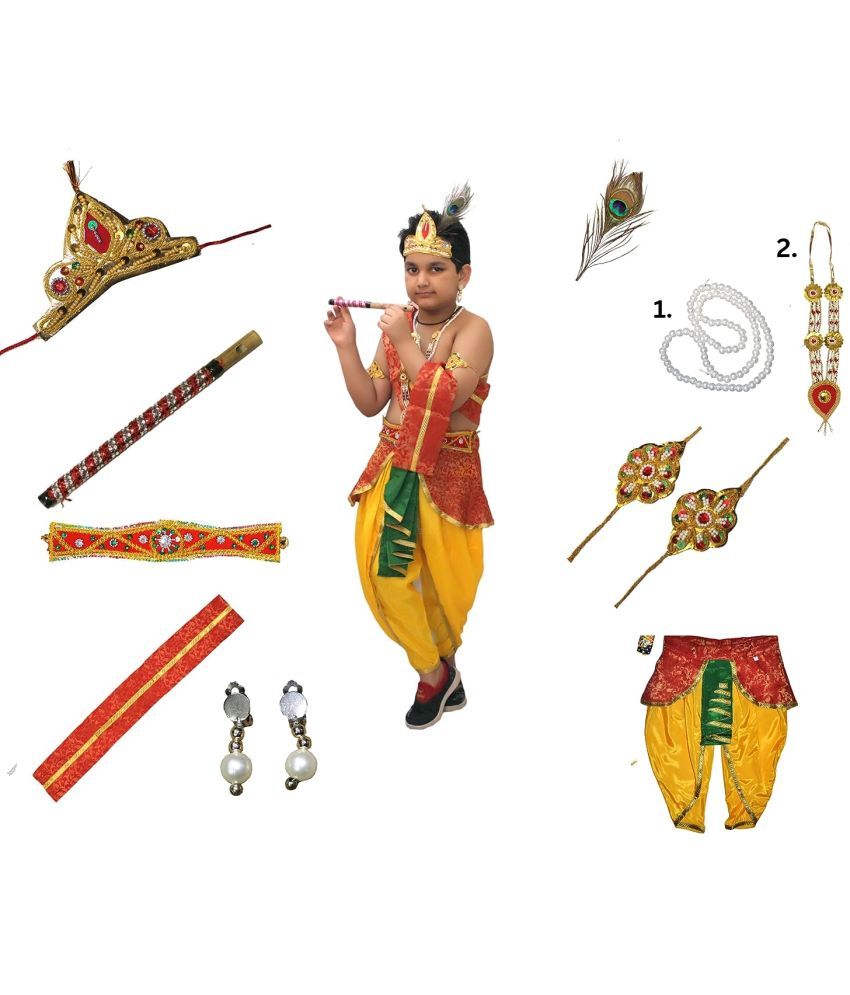     			Kaku Fancy Dresses Krishna Costume for Boy/Janmashtami/Bal Gopal Dress/Kanha Costume/Bal Krishna/Mythological Costume for Boy - Yellow-Red, 3-4 Years