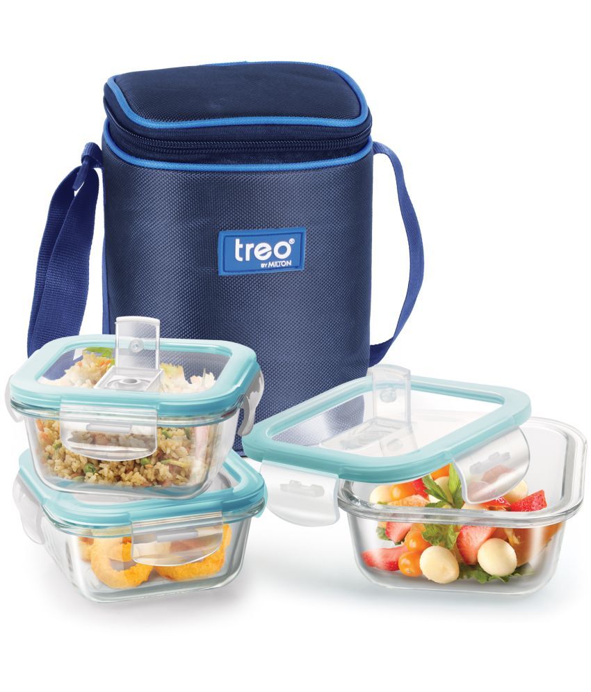     			Treo by Milton All Fresh Square Glass Tiffin Containers With Insulated Jacket, 320 ml Each, Blue