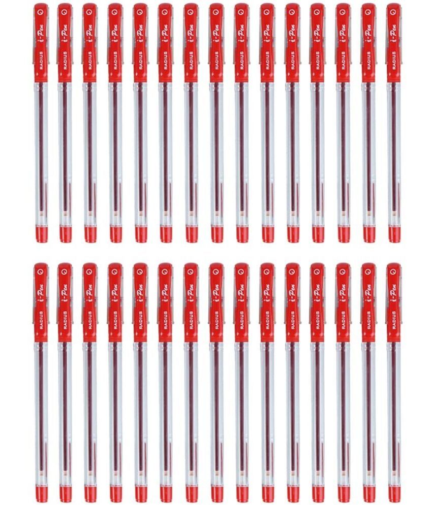     			Radius i-Pen Push Cap Ball Point Pen | Tip Size 0.7 mm | Low Viscocity Ink | Free Flow Ink System | Ball Point Pen Set | Pens for Students | Office Stationery Items | Red, Pack of 10 Pieces x 3 Box