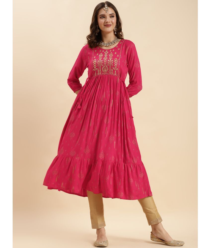     			Rangita Women Pink Rayon Embroidered Calf Length Anarkali Kurti