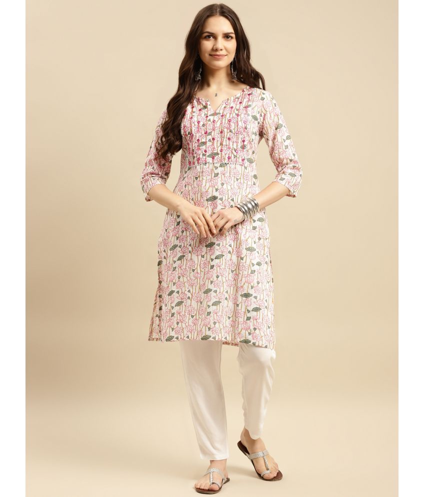     			Rangita Women Pink Cotton Printed Knee Length Straight Kurti With Pant Set