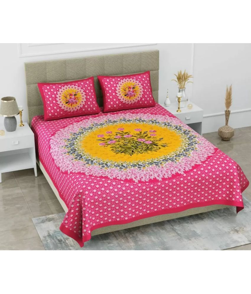     			FrionKandy Living Cotton Floral Double Bedsheet with 2 Pillow Covers - Pink