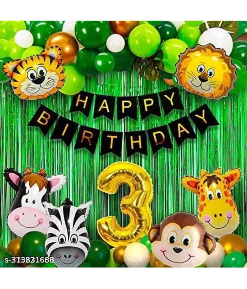     			KR 3rd Happy Birthday Balloons Decoration Set - (53 Pcs) Birthday 13 Letter Foil + 2 Pcs Fringe Foil Curtain + 6 Pcs Set of Jungle Theme &  Balloon Arch with 30 Pcs HD. balloon , 3 no. Gold foil