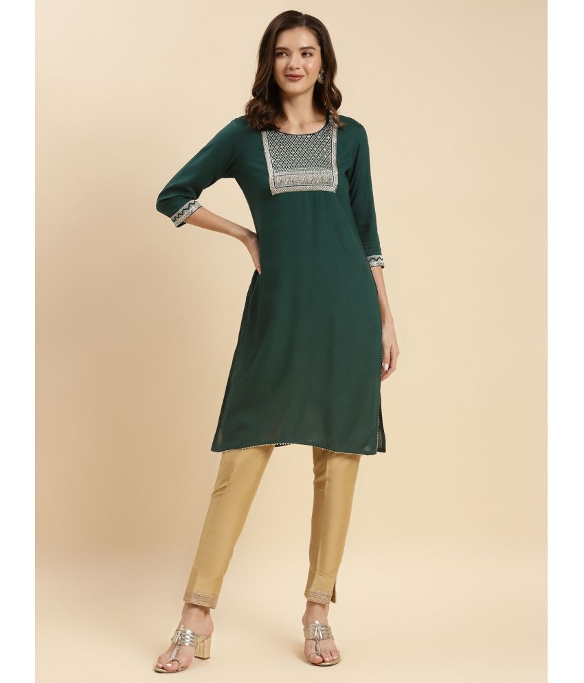     			Rangita Women Green Rayon Embroidered Knee Length Straight Kurti