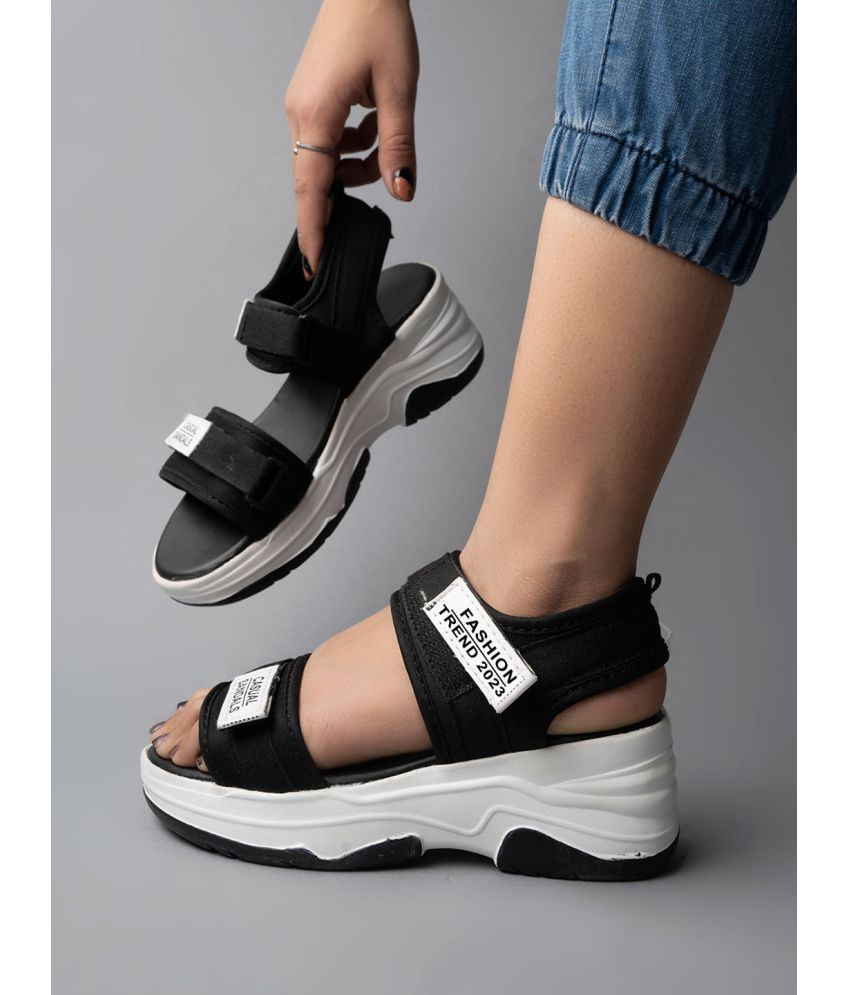     			Shoetopia Lightweight Comfortable Daily Wear & Trendy Flatforms Black Sandals & Girls