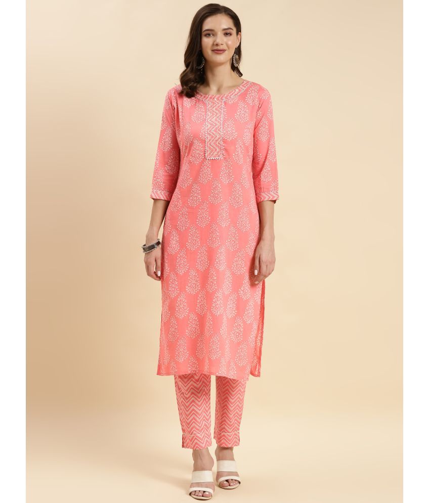     			Rangita Women Peach Cotton Calf Length Ethnic Printed Straight Kurta With Pant