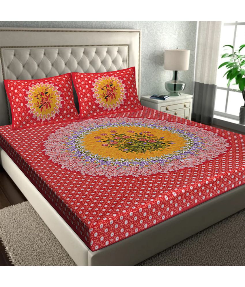     			FrionKandy Living Cotton Floral Double Bedsheet with 2 Pillow Covers - Red