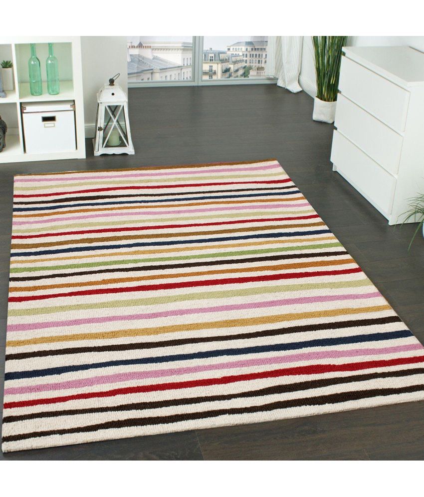     			MRIC Beige Wool Carpet Stripes 4x6 Ft