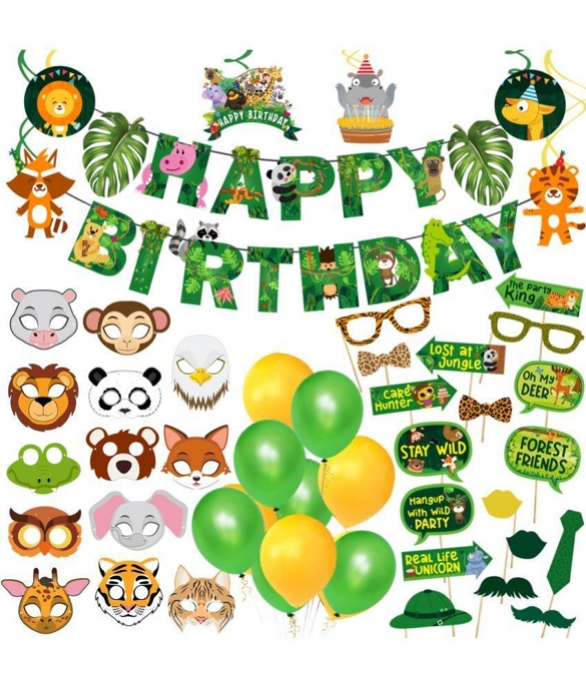     			Zyozi Jungle Safari Birthday Decorations With Birthday Banner, Latex Balloons, Jungle Swirls, Photobooth Props  (Pack of 63)