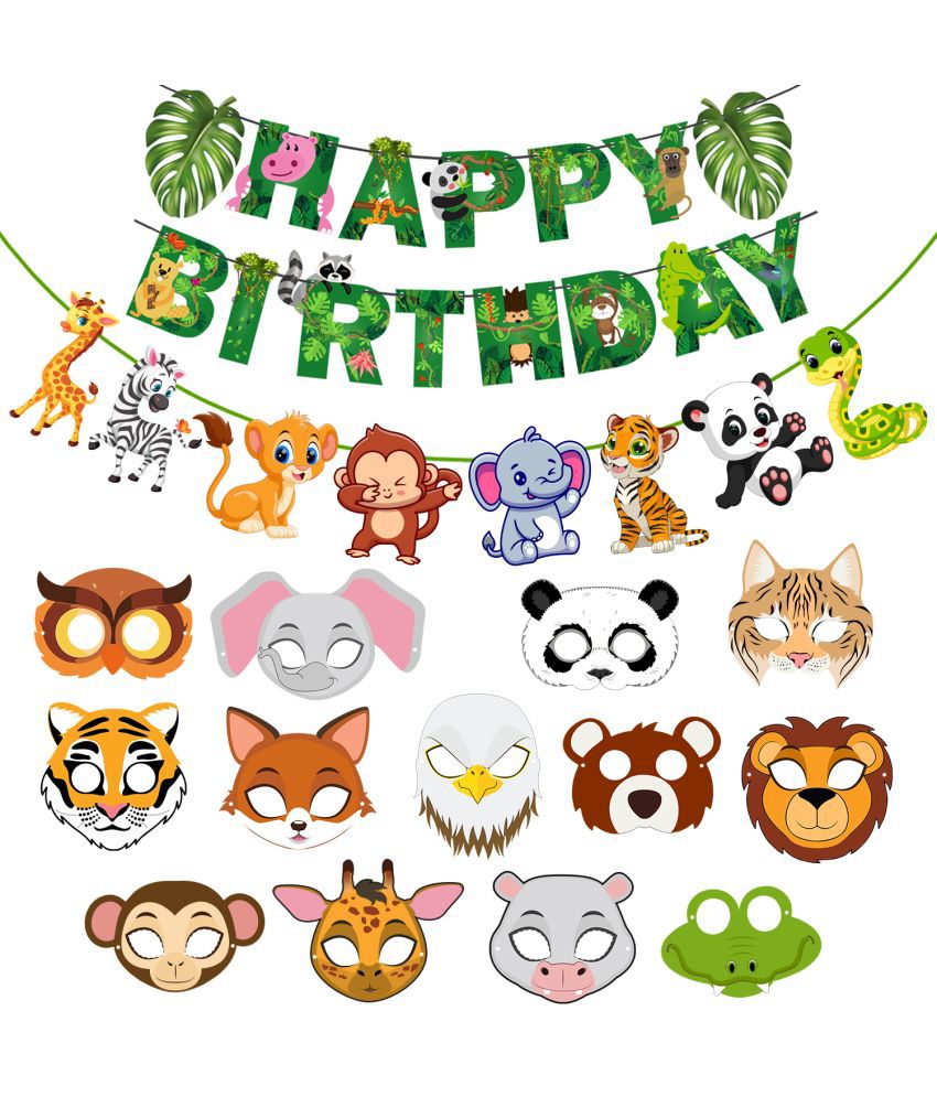     			Zyozi Jungle Safari Happy Birthday Decorations - Birthday Banner with Character Banner & Sticker (Pack of 15 )