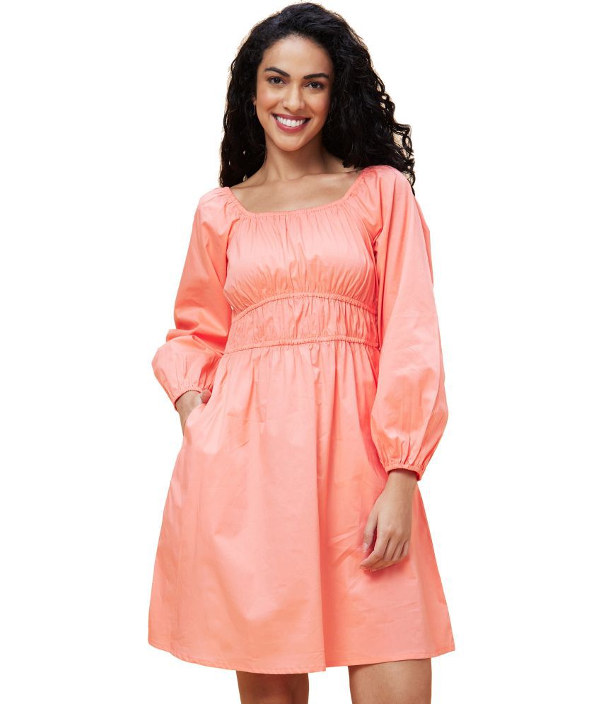     			Globus Cotton Solid Above Knee Women's Fit & Flare Dress - Peach ( Pack of 1 )