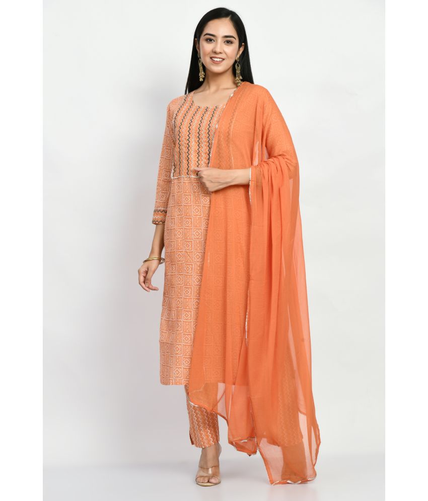     			MAURYA Cotton Embroidered Kurti With Pants Women's Stitched Salwar Suit - Orange ( Pack of 1 )