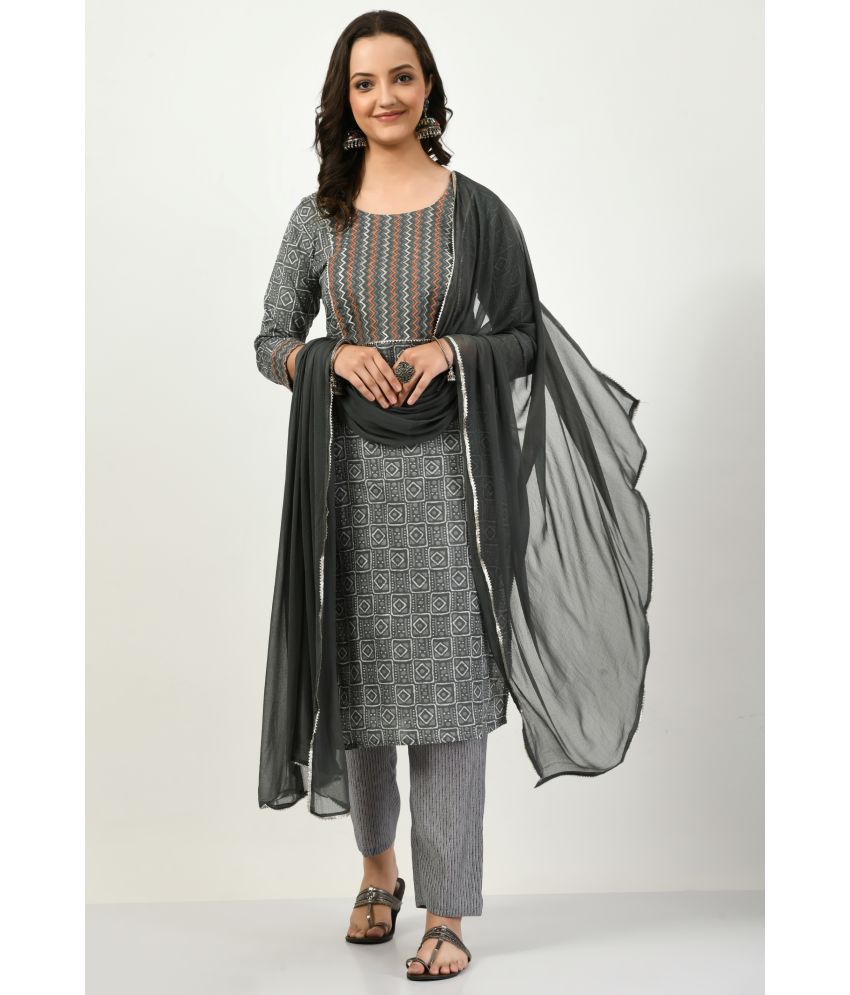     			MAURYA Cotton Printed Kurti With Pants Women's Stitched Salwar Suit - Grey ( Pack of 1 )