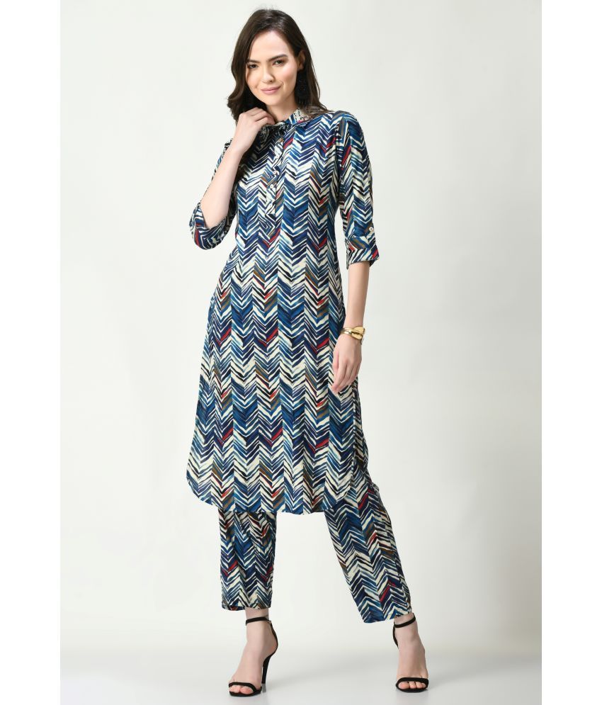     			MAURYA Cotton Printed Kurti With Pants Women's Stitched Salwar Suit - Blue ( Pack of 1 )