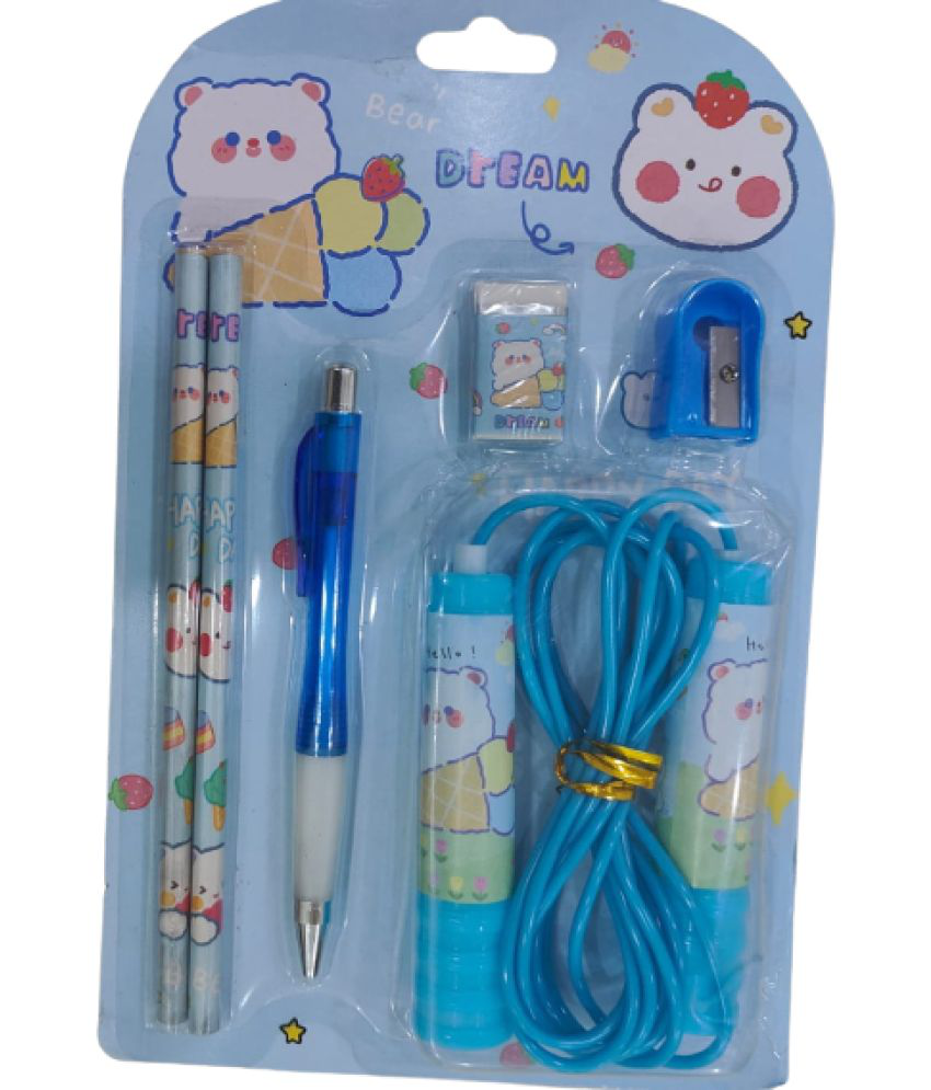     			2715B- BUY SMART 6 PC BLUE BEAR DREAM THEME   GIFT Set ||  BEAR DREAM Theme Birthday gift for kids Age 6-8 years , 10-12 year old || BEAR DREAM Set ( 2 Pencil, 1Eraser,1 Sharpener  &1 SKIPING ROPE FOR KID (PACK OF 1)